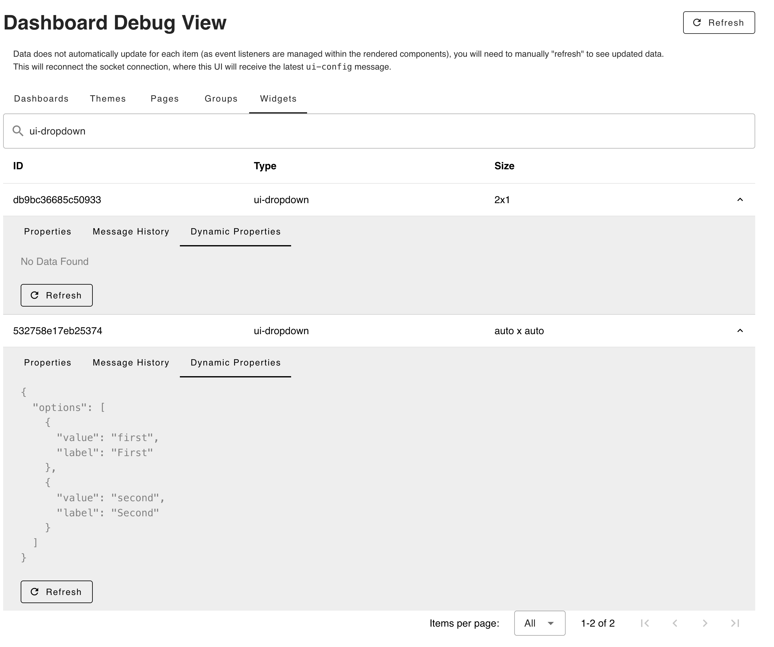 Dashboard's Debug View