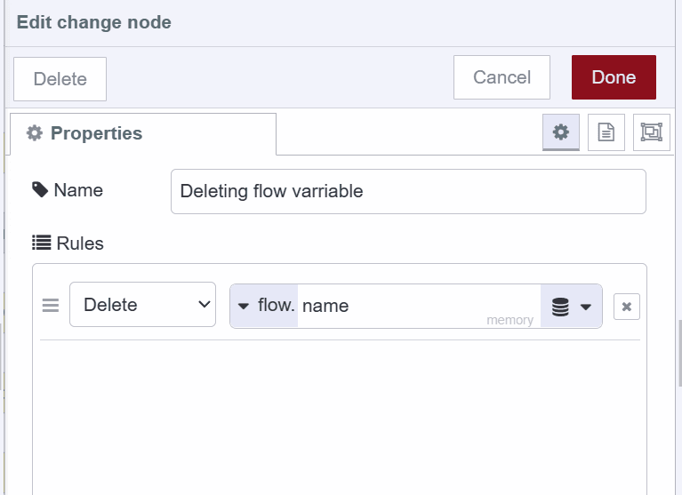 "Screenshot showing how to delete flow variable using the change node"