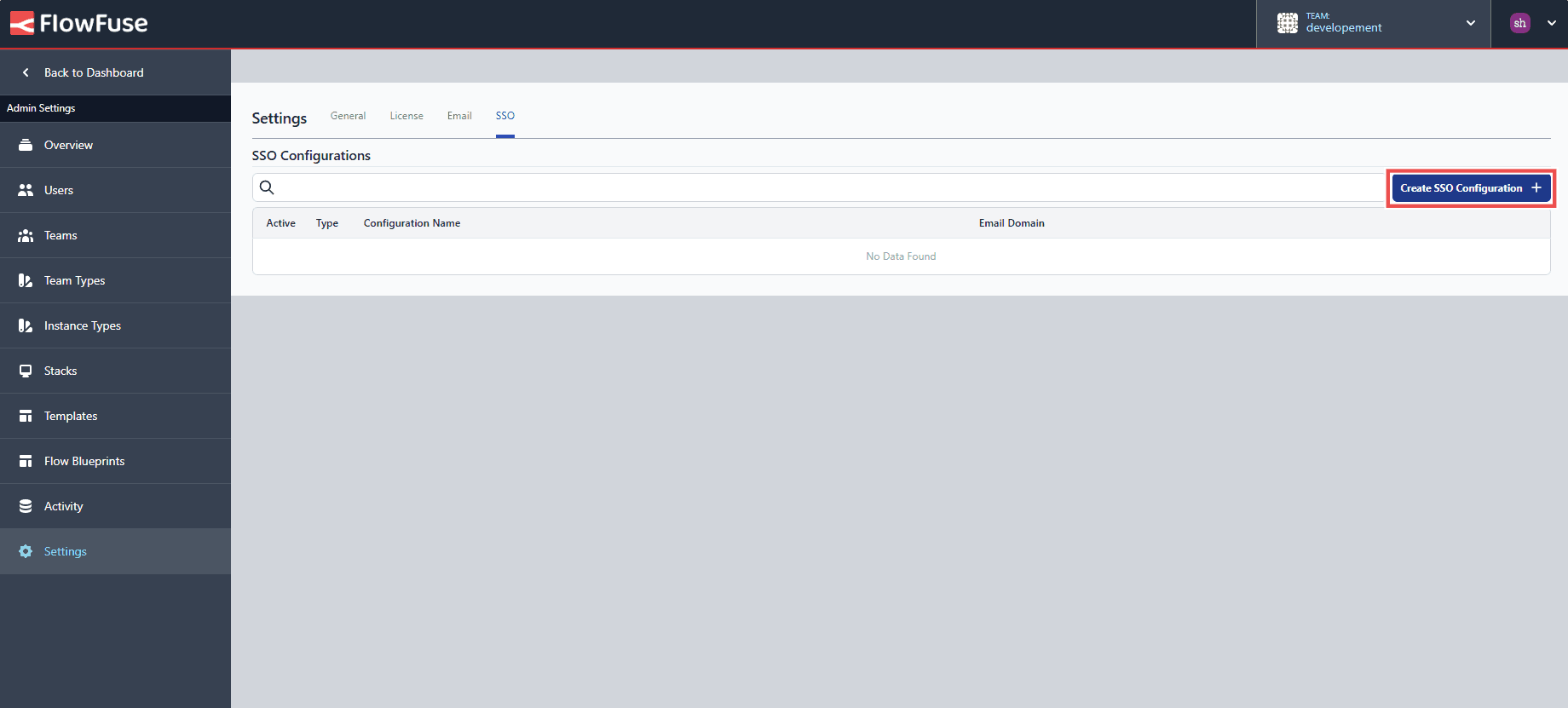 Screenshot showing the 'create sso configuration' button "Screenshot showing the 'create sso configuration' button"