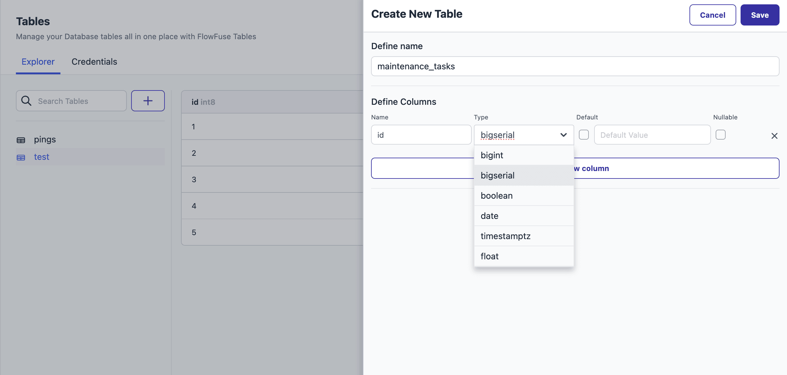 Interface for creating FlowFuse tables