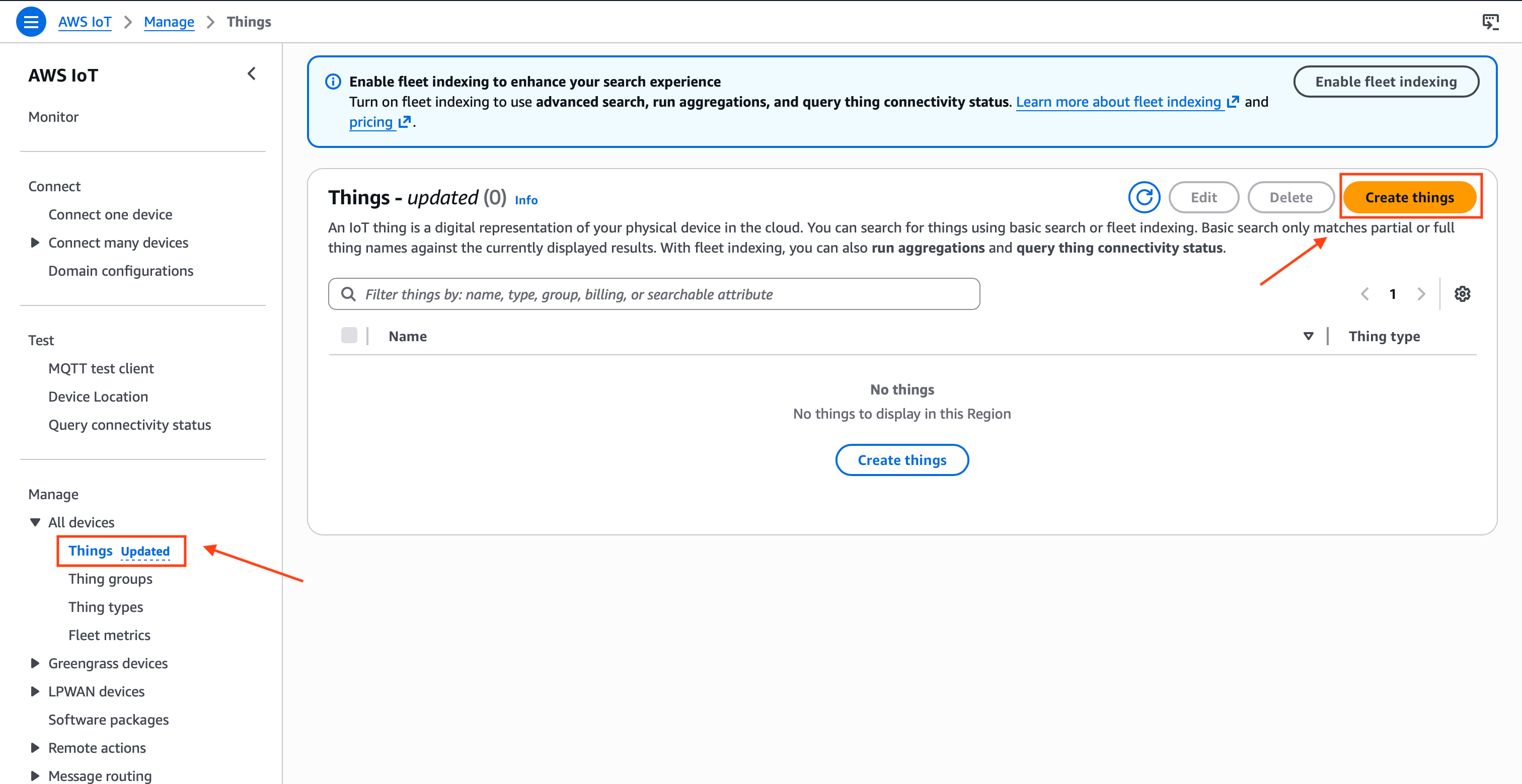 "AWS IoT Core Things page with the Create things button highlighted in the top right corner"