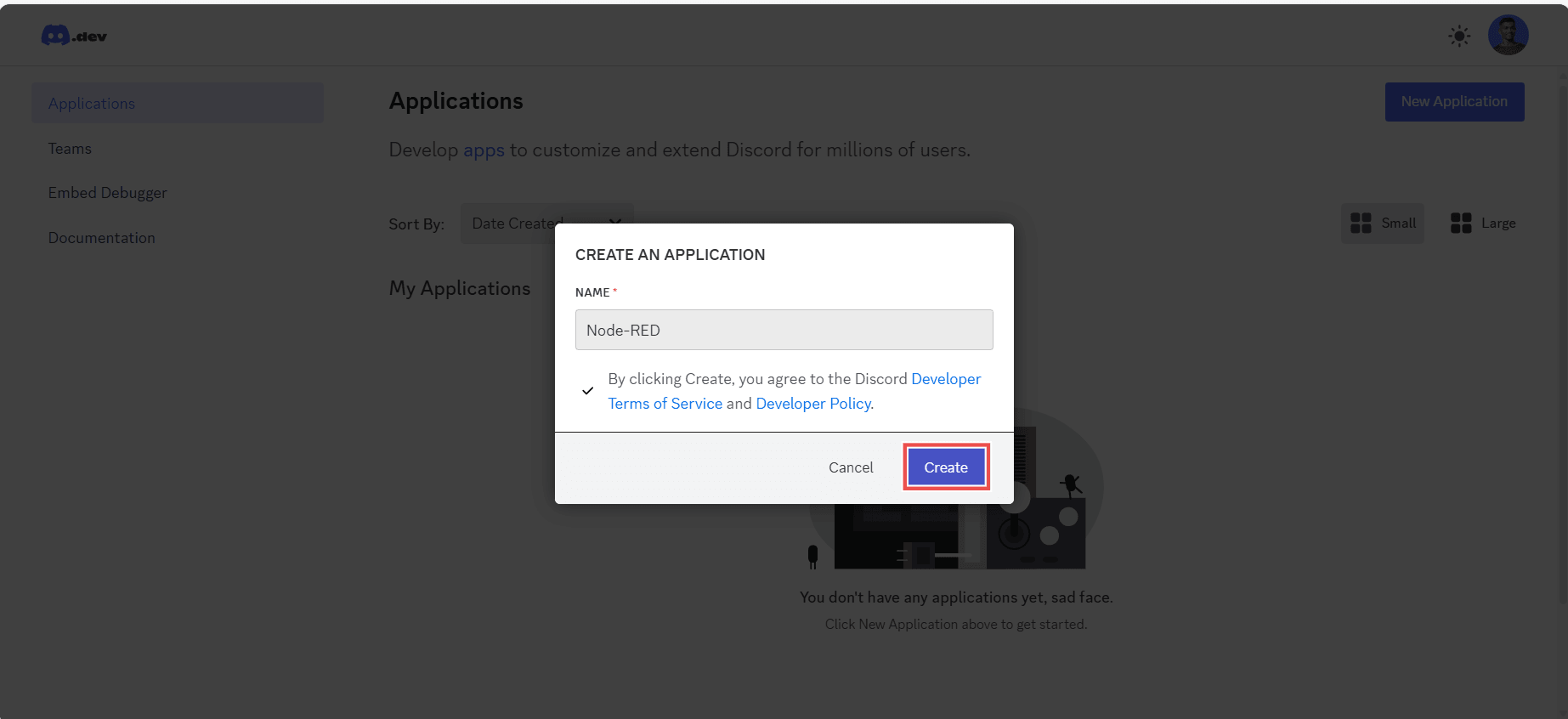 "Screenshot showing the 'create' button"